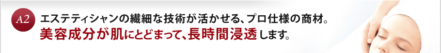 A2 エステティシャンの繊細な技術が活かせる、プロ仕様の商材。美容成分が肌にとどまって、長時間浸透します。