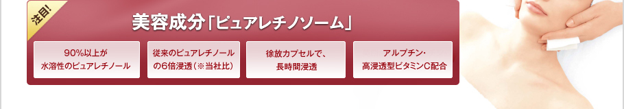 注目！美容成分「ピュアレチノソーム」　・従来のピュアレチノールの6倍浸透（※当社比）　・徐放カプセルで、長時間浸透　・アルプチン・高浸透型ビタミンC配合